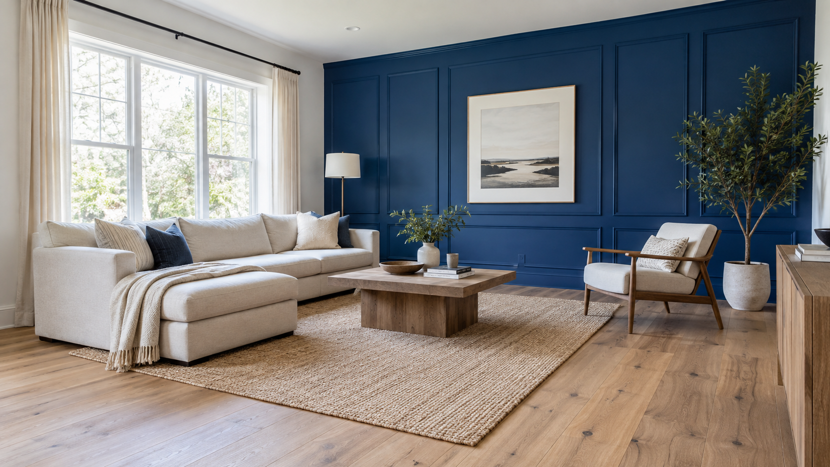 Living room inspiration with natural oak floors, a navy paneled accent wall and a neutral sofa